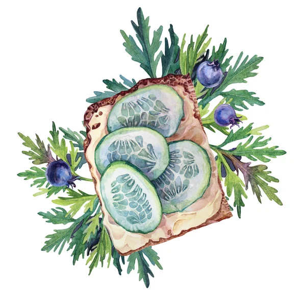 Kanapka z akwarelą z ogórkiem i serem na chlebie, zielone liście, jagoda odizolowana na białym tle. Letnie jedzenie na piknik lub spacer. Ręcznie rysowany obiekt do menu, naklejki, szkicownika — Zdjęcie stockowe