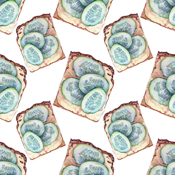 Безшовний візерунок акварельний сендвіч з огірком і сиром на хлібі ізольовані на білому. Літній пікнік або прогулянка. Мальований вручну творчий фон для меню, шпалер, ескізів, карт, обгортання — стокове фото