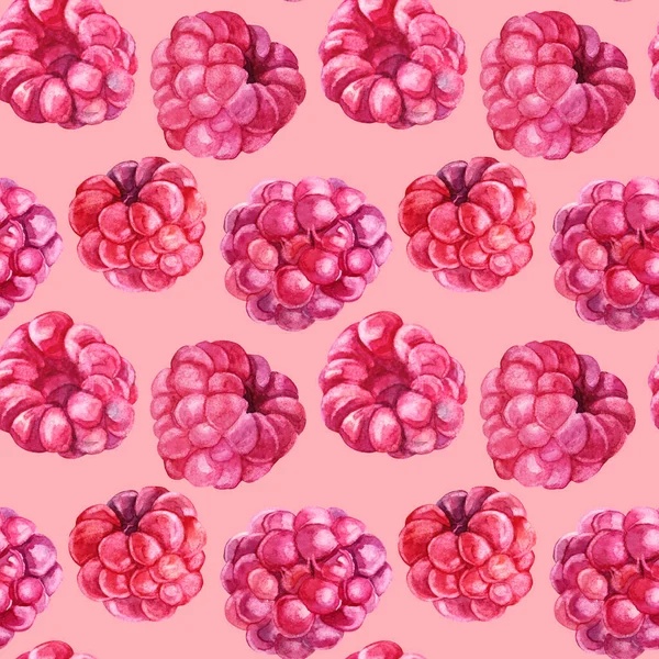 Безшовний візерунок аквареллю мальована малина на рожевому. Літня ягода рослин. Солодкий десерт свіжості їжі. Мистецький творчий об'єкт для меню, наклейки, картки, текстилю, шпалер, обгортання, святкування — стокове фото
