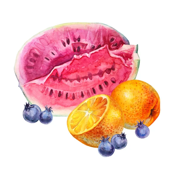 Akvarell sommarkomposition vattenmelon, orange skiva bär blåbär isolerad på vit bakgrund. Handritad söt frukt mat för meny, vegan, klistermärke, inslagning, kort, klistermärke, textil — Stockfoto