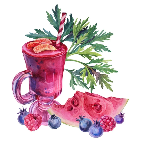 Aquarel samenstelling bessen smoothies cocktail mandarijn, watermeloen, bladeren geïsoleerd. Vers zomereten. Creatief object voor menu, koken, sticker, schetsboek, kaart behang, briefpapier — Stockfoto