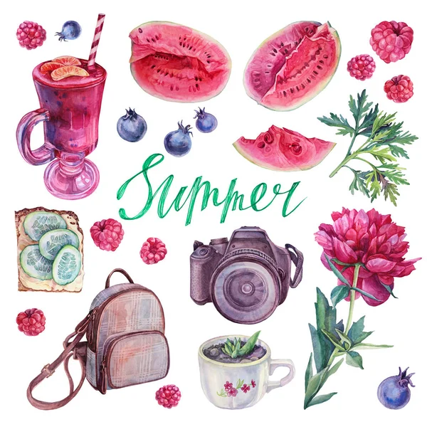 Sommer Set Aquarellkollektion Picknick Wassermelone, Smoothie, Sandwich Gurken Kamera, Blaubeeren Himbeeren, Pfingstrosen Pflanzen, Blätter. Früchte und Beeren. Handgezeichnetes süßes Kunstobjekt für Aufkleber, Menü — Stockfoto