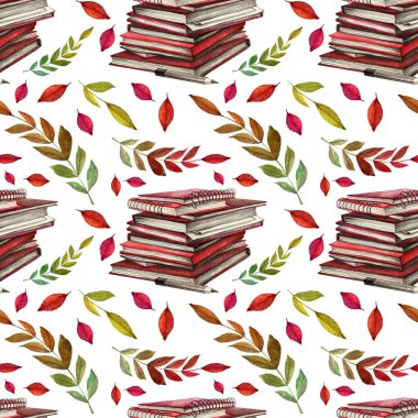 Kusursuz desenli suluboya okula geri döndü. Sonbahar kırmızı turuncu yapraklı ders kitapları beyazın üzerinde. Not defteri, eskiz defteri, kalem kutusu, duvar kağıdı için el çizimi eğitim arka planı