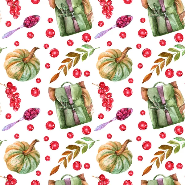 Seamless pattern watercolor back to school. Backpack, pumpkin, currant berries, spoon and autumn red orange branch leaves on white. Hand-drawn background for notebook, sketchbook, wallpaper — Stock Photo, Image