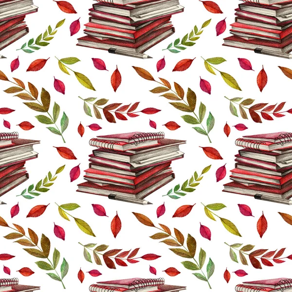 Seamless pattern watercolor back to school. Textbooks books with autumn red orange branch leaves on white. Education hand-drawn background for notebook, sketchbook, pencil case, wallpaper — Stock Photo, Image