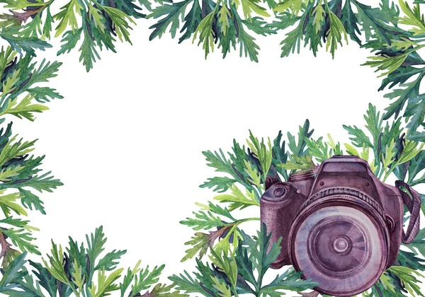 Akvarell keret határ kamerával, zöld levelek elszigetelt fehér háttér. Banner sablon zöld másolási hely tervezése meghívó, esküvő, hobbi, ünneplés, bejelentés, idézetek, kártya — Stock Fotó