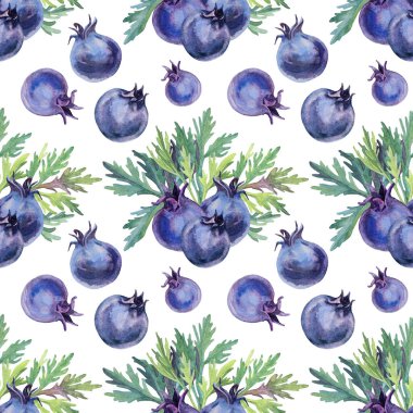 Beyaz arka planda yaban mersini ve yaprak içeren kusursuz bir suluboya kompozisyonu. Yaz tatlısı yiyeceği. Menü, kart, tekstil, duvar kağıdı, ambalaj, kartpostal için elle çizilmiş yaratıcı nesne