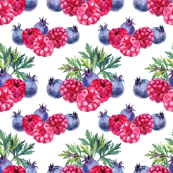 Бесшовный узор акварели ягоды малины, черники, листья изолированы на белом фоне. Летняя сладкая еда. Ручной рисунок для меню, открытки, текстиля, наклейки, обоев, обертки, открытки — стоковое фото