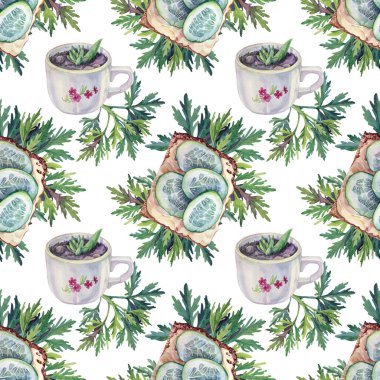 Kusursuz desenli suluboya sandviç, salatalık, yeşillik, kabın içinde sulu ve beyaz. Piknik ya da yürüyüş için yaz yemeği. Duvar kağıdı, eskiz defteri, ambalaj için el çizimi arka plan