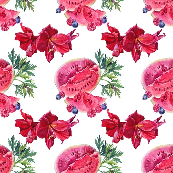 Nahtlose Muster Aquarell handgezeichnete Scheibe Wassermelone, Lilie, Himbeere, Blätter auf weiß. Sommer Herbst Obst süße Nahrung. Kreativer realistischer Hintergrund für Menüs, Tapeten, Verpackungen, Textilien — Stockfoto