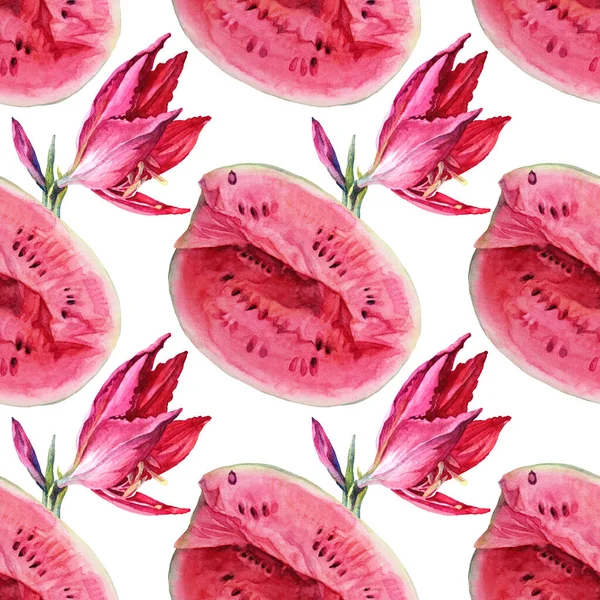 Απρόσκοπτη μοτίβο ακουαρέλα χέρι που φέτα καρπούζι και ροζ κρίνο σε λευκό. Καλοκαίρι φθινόπωρο φρούτα γλυκό φαγητό. Δημιουργική ρεαλιστική φύση κόκκινο φόντο για το μενού, κάρτα, ταπετσαρία, περιτύλιγμα, ύφασμα — Φωτογραφία Αρχείου