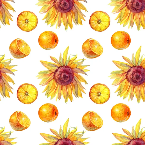 Безшовний візерунок акварельний жовтий квітковий соняшник, помаранчевий на білому. Осінній фон. Мистецький творчий намальований об'єкт для запрошення, фесту, шпалер, текстилю, весілля, святкування, обгортання — стокове фото