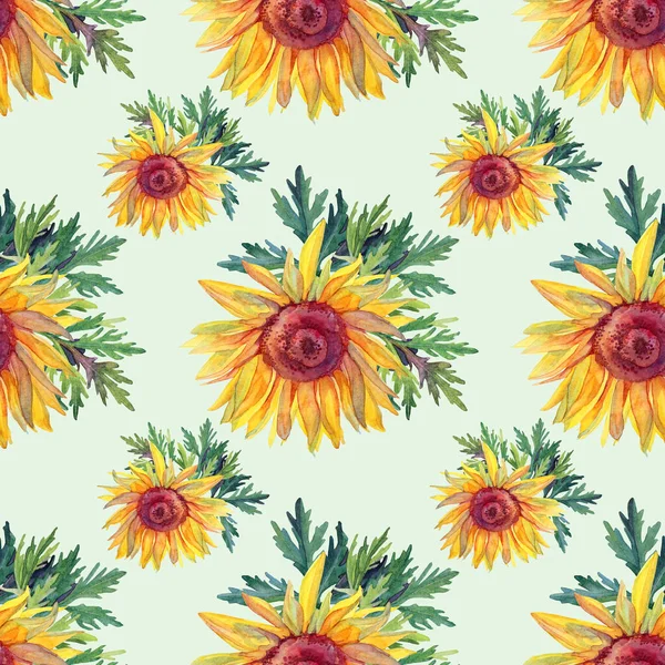 Seamless pattern watercolor yellow flower sunflower with green leaves on blue. Autumn background. Art creative hand drawn object for invite, oktober fest, textile, wedding, celebration, wrapping — Stock Photo, Image