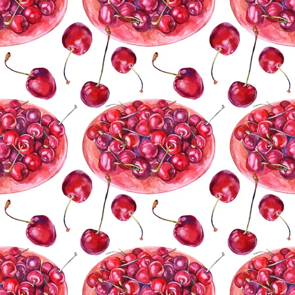 Безшовний візерунок акварельної тарілки з вишнею ізольовано на білому. Мальовані вручну солодкі червоні літні ягоди їжі фрукти. Художній фон для меню, наклейок, шпалер, обгортання, ескізів, блокнот — стокове фото