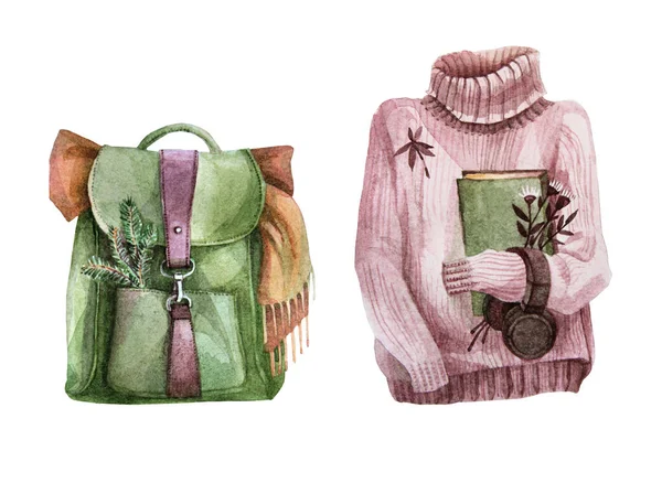 Akvarel kreslení zelený batoh kožená taška, šála, svetr s knihou a sluchátka izolované na bílém pozadí. Kempování v lese. Autumn art creative object for stiker, wrapping — Stock fotografie