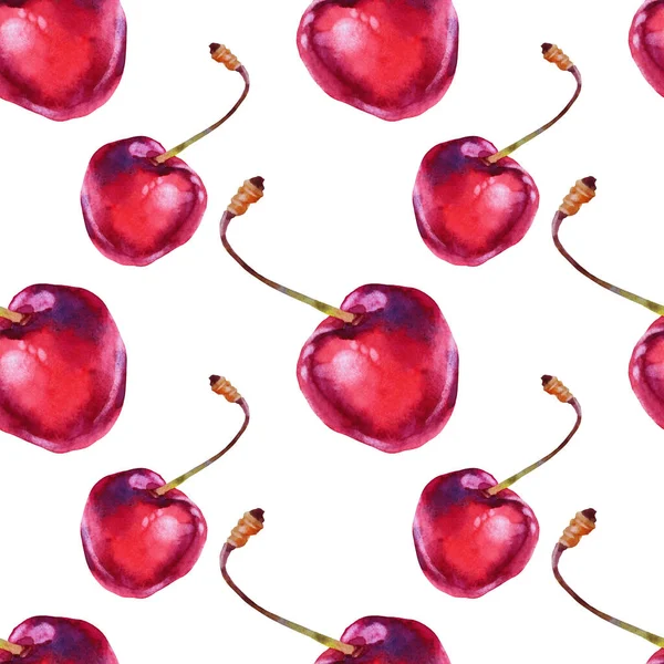 Padrão sem costura aquarela cereja vermelha isolada no fundo branco. Fruta de baga de comida de verão doce desenhada à mão. Objeto criativo de arte para menu, papel de parede, embrulho, caderno, cartão — Fotografia de Stock