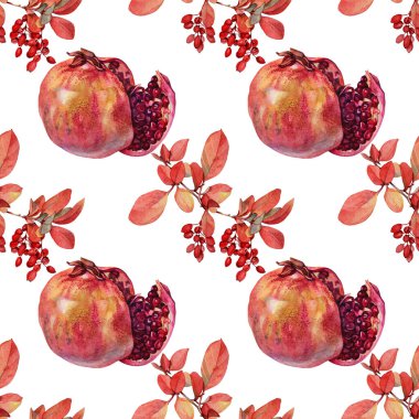 Kusursuz desenli suluboya kırmızı nar tohum, portakal yaprağı, beyaz arka planda böğürtlen. Menü, tekstil, kart, çıkartma, duvar kağıdı, ambalaj nesnesi