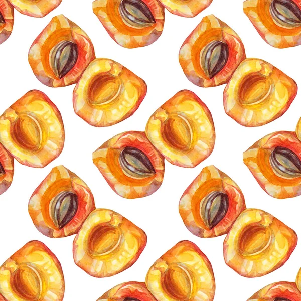 Безшовний візерунок акварель вирізає абрикос з насінням на білому. Червоний, жовтий, помаранчевий фруктовий фон. Солодкий десерт літньої їжі. Креативний елемент кліпарту для меню, шпалер, обгортання — стокове фото