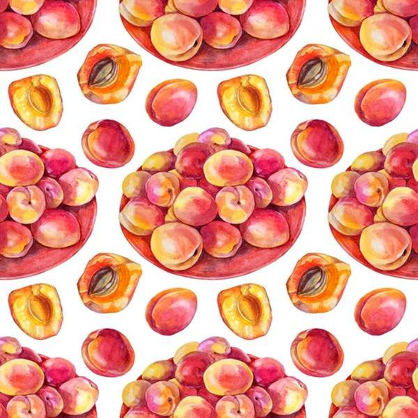 Seamless pattern watercolor apricot, plate, slice with seed on white. Red, yellow, orange hand-drawn fruit background. Sweet dessert summer food. Creative clipart for menu, wallpaper, wrapping —  Fotos de Stock