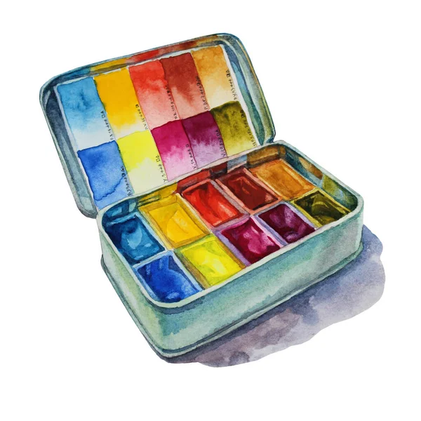 Caja acuarela pinturas multicolor aisladas sobre fondo blanco. Paleta de artistas. Arte creativo dibujado a mano objeto para cuaderno de bocetos, libro para colorear, envoltura, pegatina, postal, papel pintado —  Fotos de Stock