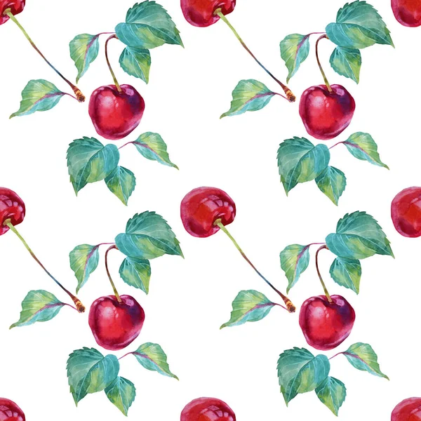 Patrón sin costuras acuarela cereza roja con hojas verdes sobre blanco. Frutos de bayas dulces de verano dibujados a mano. Fondo creativo de arte para menú, papel pintado, envoltura, cuaderno de bocetos, cuaderno, tarjeta —  Fotos de Stock