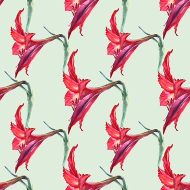 Kusursuz desenli suluboya yaz çiçeği kırmızı zambak ve mavi arka planda tomurcuk. Kart, kutlama, düğün, doğum günü, duvar kağıdı, ambalaj, tekstil için el çizimi yaz botanik illüstrasyonu