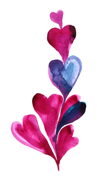 Acuarela rosa, rojo, corazones azules rama dibujado a mano aislado sobre fondo blanco. Objeto de pincelada para San Valentín, tarjeta, celebración, boda, fondo de pantalla, pegatina, envoltura — Foto de Stock