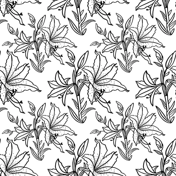 Seamless pattern black line art bouquet lily isolated on white background. Hand drawn botanical illustration for coloring book, card, celebration, wedding, birthday, wallpaper, wrapping, textile, gift