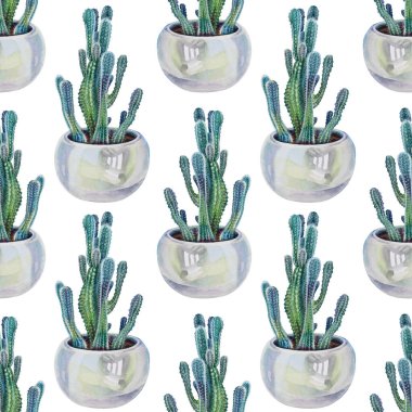 Kusursuz desenli suluboya bitki sulu kaktüsleri. Beyaz arka planda, tencerede iğneler var. Çiçekçi, duvar kağıdı, tekstil, eskiz defteri, ambalaj, kart için el yapımı botanik sanat objesi