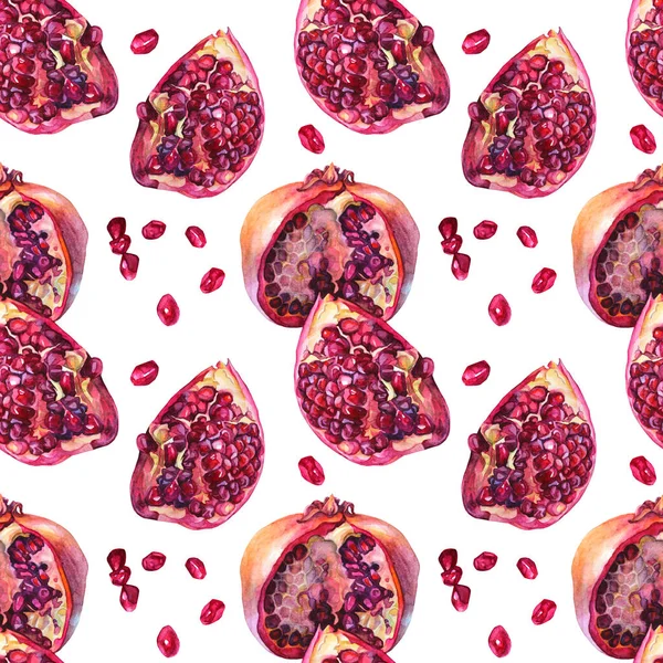 Seamless pattern watercolor pomegranate with seeds isolated on white background. Art creative garnet object for menu, textile, card, sticker, wallpaper, wrapping — стоковое фото