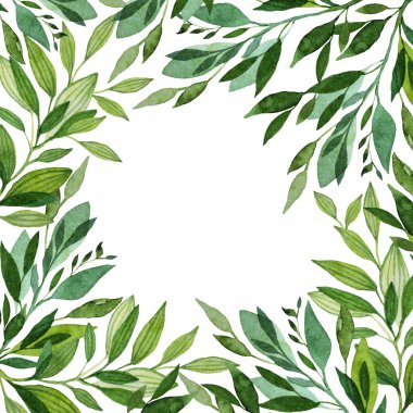Sulu çerçeve kenarlığı, yeşil elle çizilmiş yaprak beyaz arkaplanda izole edilmiş. Davetiye, düğün kutlaması, duyuru alıntıları, duvar kağıdı tasarımı için yeşil şablon kopyalama alanı