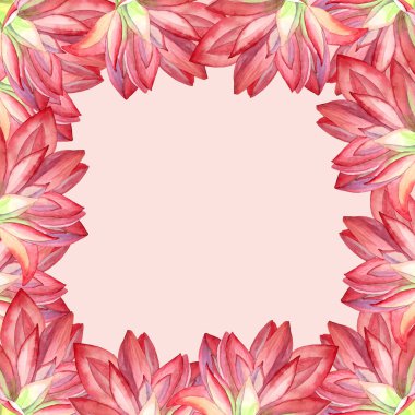 Kırmızı ve yeşil el çizilmiş suluboya çerçeve kenarı, zambak ve tomurcuk pembe arka planda izole. Davetiye, düğün, kutlama, duyuru, alıntılar için banner şablon kopyalama alanı