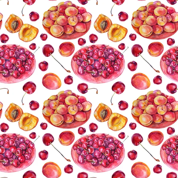 Безшовний візерунок акварельна тарілка з вишнею та абрикосом на білому тлі. Мальовані вручну солодкі червоні літні страви, ягоди та фрукти. Кліп арт об'єкт для меню, шпалер, обгортання, ескізу — стокове фото