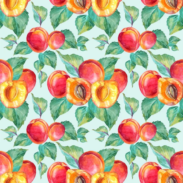 Seamless pattern watercolor apricot with green leaves. Red, yellow, orange hand-drawn fruit on blue. Sweet dessert summer food. Background for menu, sticker, wallpaper, wrapping, invite, textile — Stock Fotó
