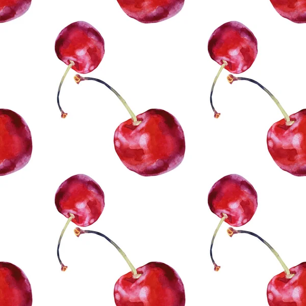 Безшовний візерунок акварельна червона вишня ізольовано на білому тлі. Мальовані вручну солодкі літні страви ягідні фрукти. Мистецький творчий об'єкт для меню, шпалер, обгортання, ескізу, блокнота, картки — стокове фото