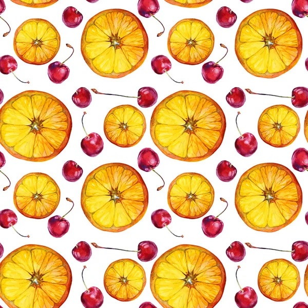 Безшовний візерунок акварельний цитрусовий круг скибочки апельсина і червона вишня на білому. Мальовані вручну літні солодкі фрукти, ягідний фон для меню, упаковки, листівки, шпалери, святкування — стокове фото
