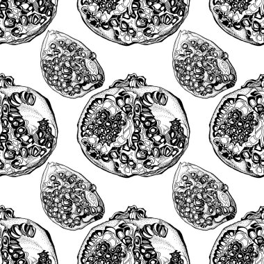 Seamless pattern black and white line art ornate pomegranate with seeds for coloring book. Art hand-drawn background for menu, wrapping, textile, card, wallpaper