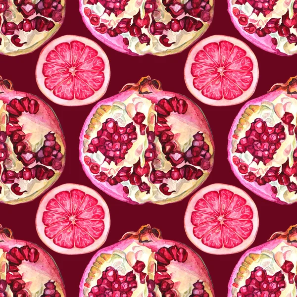 Seamless pattern watercolor pomegranate with seeds and grapefruit on red. Art creative garnet background for menu, textile, card, sticker, wallpaper, wrapping — Fotografia de Stock
