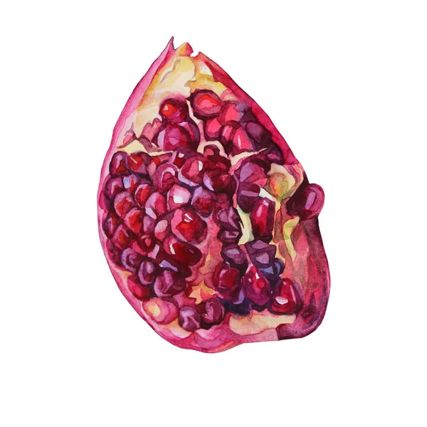 Watercolor red garnet hand-drawn pomegranate with seeds isolated on white background. Art object for menu, textile, card, sticker, wallpaper, wrapping — Stockfoto