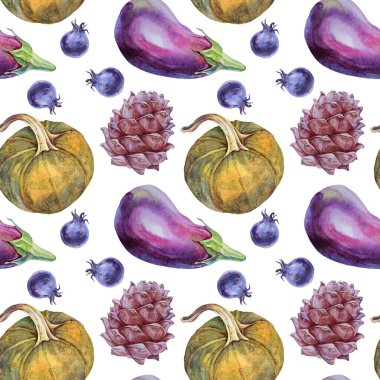 Sonbahar yemeği. Kusursuz desenli suluboya sarı balkabağı, mor mavi patlıcan, yaban mersini, beyaz üzerine çam kozalağı. Not defteri, kart, eskiz defteri, ambalaj, menü için elle çizilmiş orman arka planı