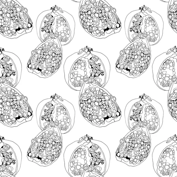 Seamless pattern black and white line art pomegranate with seeds for coloring book. Art creative hand drawn background for menu, wrapping, textile, card, wallpaper — стоковое фото