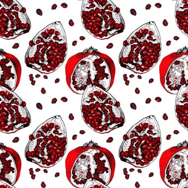 Kusursuz desenli siyah çizgi, beyaz arka planda tohumlarla süslenmiş kırmızı nar. Resim kitabı, menü, tekstil, kart, çıkartma, duvar kağıdı, ambalaj için el yapımı nesne