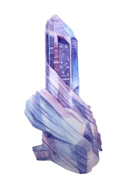 Beyaz arka planda izole edilmiş suluboya mavi ve mor kristal elmaslar. Meditasyon, çıkartma, eskiz defteri, kart, kutlama, duvar kâğıdı, ambalaj için el yapımı hazine taşı.