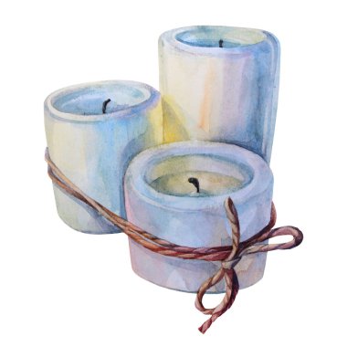 Yoga için suluboya bandajlı aroma mumu ya da beyaz arka planda izole edilmiş meditasyon. Rahatlamak için el yapımı sihirli nesne, kart, çıkartma, denge, iyileştirme, duvar kağıdı, ambalaj, tekstil