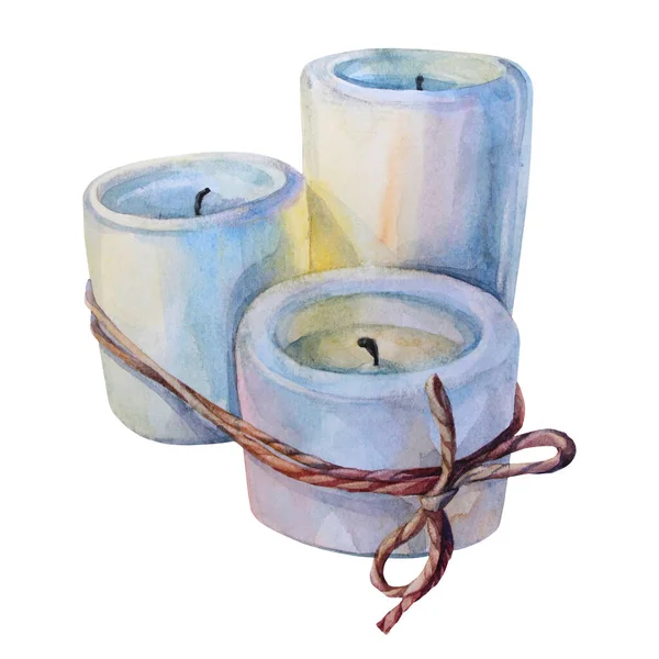 Yoga için suluboya bandajlı aroma mumu ya da beyaz arka planda izole edilmiş meditasyon. Rahatlamak için el yapımı sihirli nesne, kart, çıkartma, denge, iyileştirme, duvar kağıdı, ambalaj, tekstil