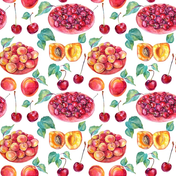 Бесшовный узор акварели с вишней, абрикосом, семенем, зелеными листьями на белом фоне. Красные летние ягоды и фрукты ручной работы. Клип-арт для меню, обертывания, обоев — стоковое фото