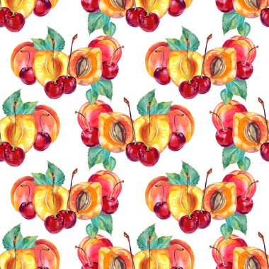 Kusursuz desenli suluboya kayısı, yeşil yapraklı kiraz. Kırmızı, sarı, turuncu el yapımı meyve meyvesi, beyaz arka planda. Tatlı tatlı yaz yemeği. Menü, kart, paket sanatı