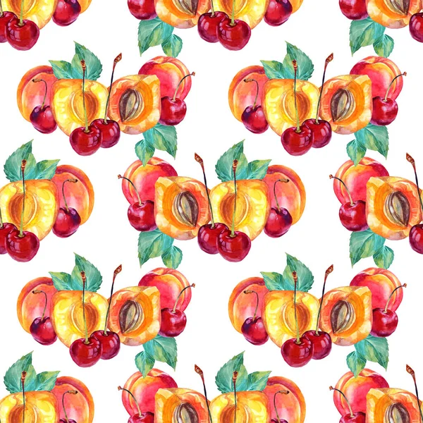 Motif sans couture abricot aquarelle, cerise avec feuilles vertes. Fruits rouges, jaunes, orange dessinés à la main sur fond blanc. Doux dessert nourriture d'été. Clip art pour menu, carte, emballage — Photo