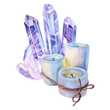 Suluboya bandajlı aroma mumu ve yoga için mavi mineral kristali beyaz arka planda izole edilmiş meditasyon. Rahatlamak, çıkartma, denge, iyileştirme, duvar kağıdı, ambalaj, tekstil için el yapımı sihirli nesne