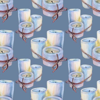 Kusursuz desenli sulu boya aromalı beyaz mum yoga için ya da mavi arka planda meditasyon için. Rahatlamak için el yapımı sihirli nesne, kart, çıkartma, denge, iyileştirme, duvar kağıdı, ambalaj, tekstil